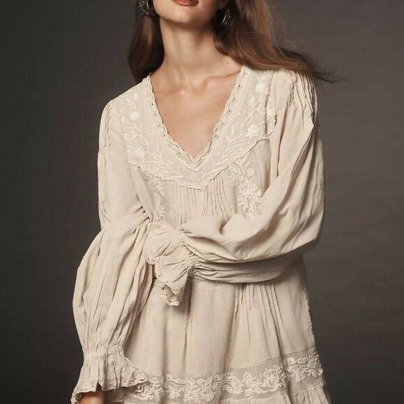 Looking For - By Anthropologie Long-Sleeve Embroidered Pintuck Swing Mini Dress - Picture 1 of 1